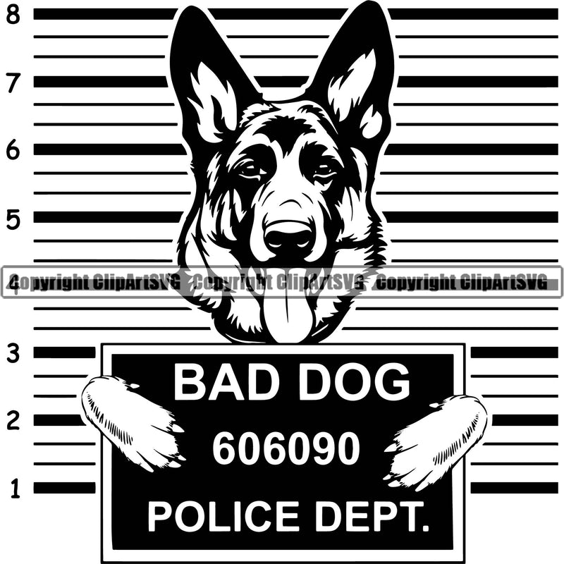 German Shepherd Dog Breed Pup Puppy Bad Dog Mugshot Police Lineup Quote Text Design Element Line Background Purebred Pedigree Canine Cop Police K9 K-9 Design Logo Clipart SVG