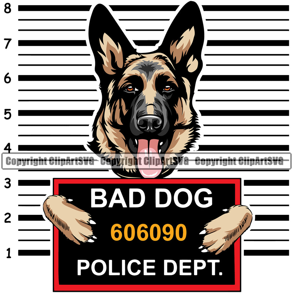 German Shepherd Bad Dog Police Lineup Mugshot Vector K9 Animal Portrait Doggy Face Cute Design Head Purebred Pup Pedigree Clipart SVG