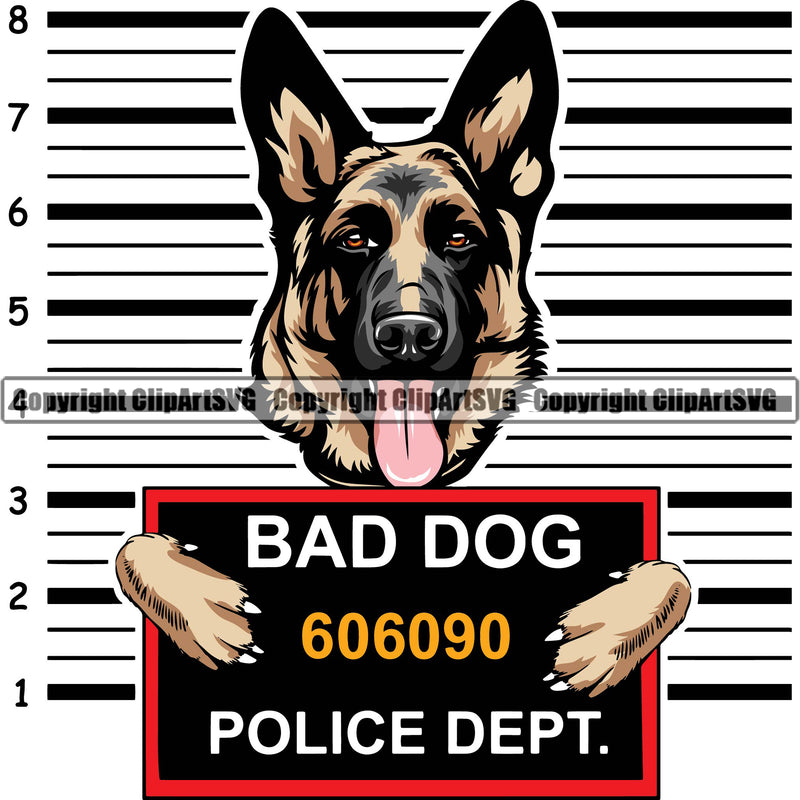 German Shepherd Dog Breed Pup Puppy Bad Dog Mugshot Police Lineup Color Quote Text Design Element Line Background Purebred Pedigree Canine Cop Police K9 K-9 Design Logo Clipart SVG