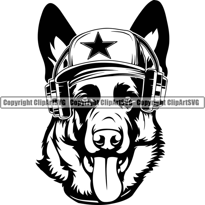 German Shepherd Dog Breed Pup Puppy Purebred Pedigree Wearing Baseball Cap Headphones Design Element Canine Cop Police K9 K-9 Design Logo Clipart SVG