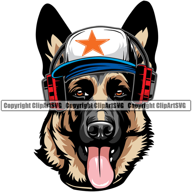 German Shepherd Dog Baseball Cap Headphones Color Design Cute Face Animal Head Purebred Pup Pedigree Canine K-9 K9 Clipart SVG