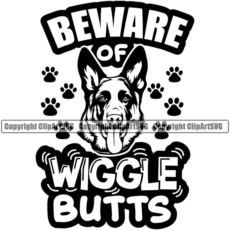 German Shepherd Dog Beware Of Wiggle Butts Text Animal Portrait Doggy Face Cute Head Purebred Pup Pedigree Clipart SVG