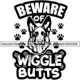German Shepherd Dog Beware Of Wiggle Butts Text Animal Portrait Doggy Face Cute Head Purebred Pup Pedigree Clipart SVG