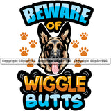 German Shepherd Dog Beware Of Wiggle Butts Color Text K9 Animal Portrait Doggy Face Cute Vector Clipart SVG