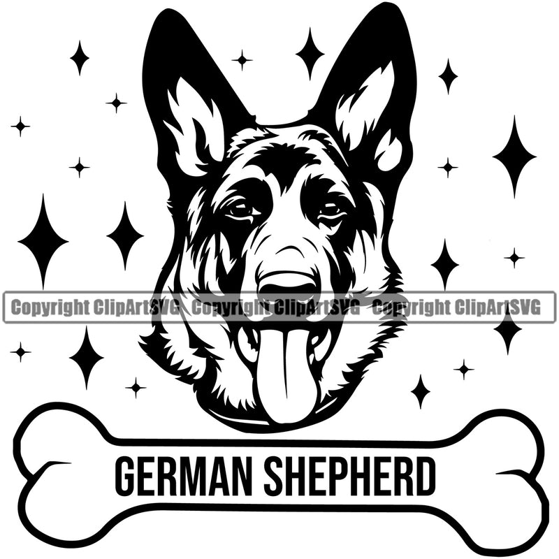 German Shepherd Dog Bone Name Sparkle Animal Design Puppy Head Purebred Pup Pedigree Vector K9 Clipart SVG