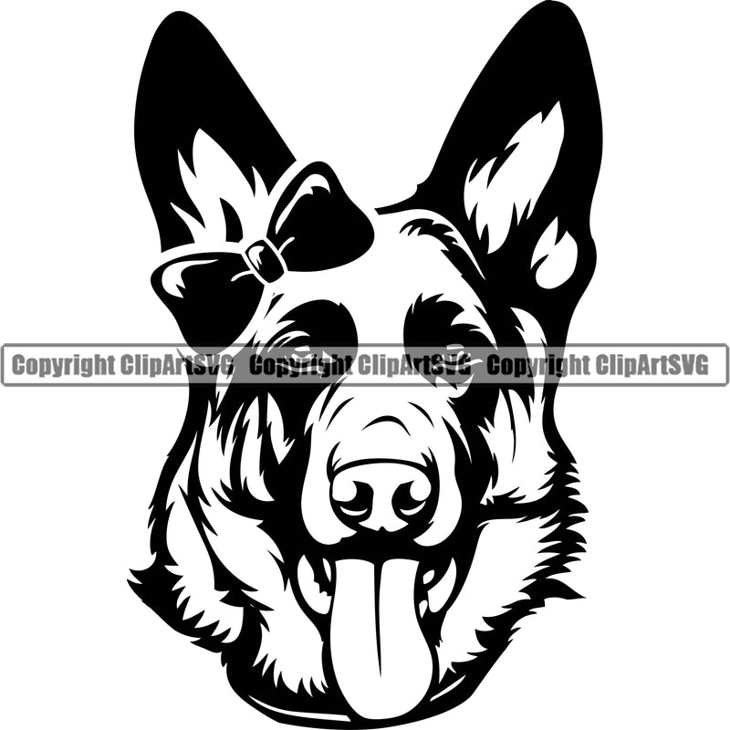 German Shepherd Dog Breed Pup Puppy Purebred Pedigree Canine Wearing Bow Ear Design Element Cop Police K9 K-9 Design Logo Clipart SVG