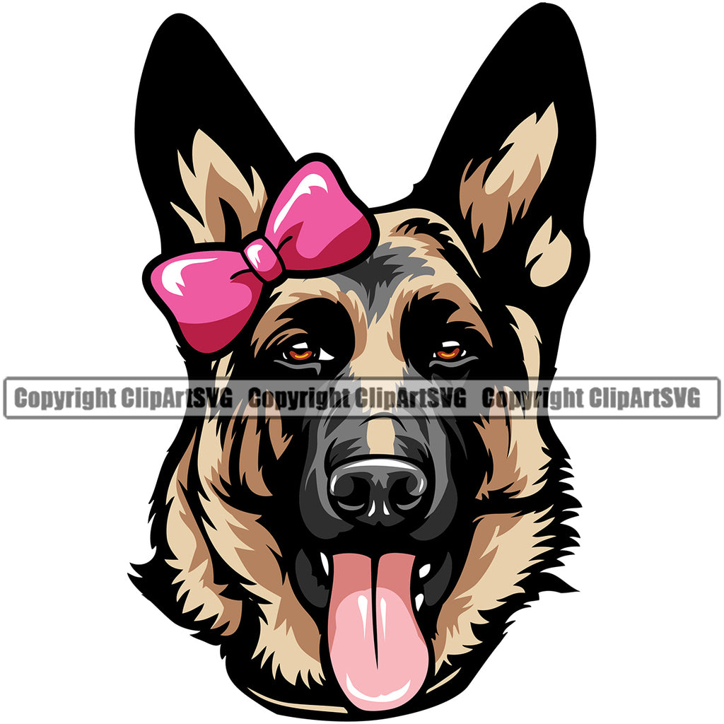 German Shepherd Dog Color Bow Ear Female Girl Lady Design Puppy Head Purebred Pup Pedigree Vector Cute Face Clipart SVG