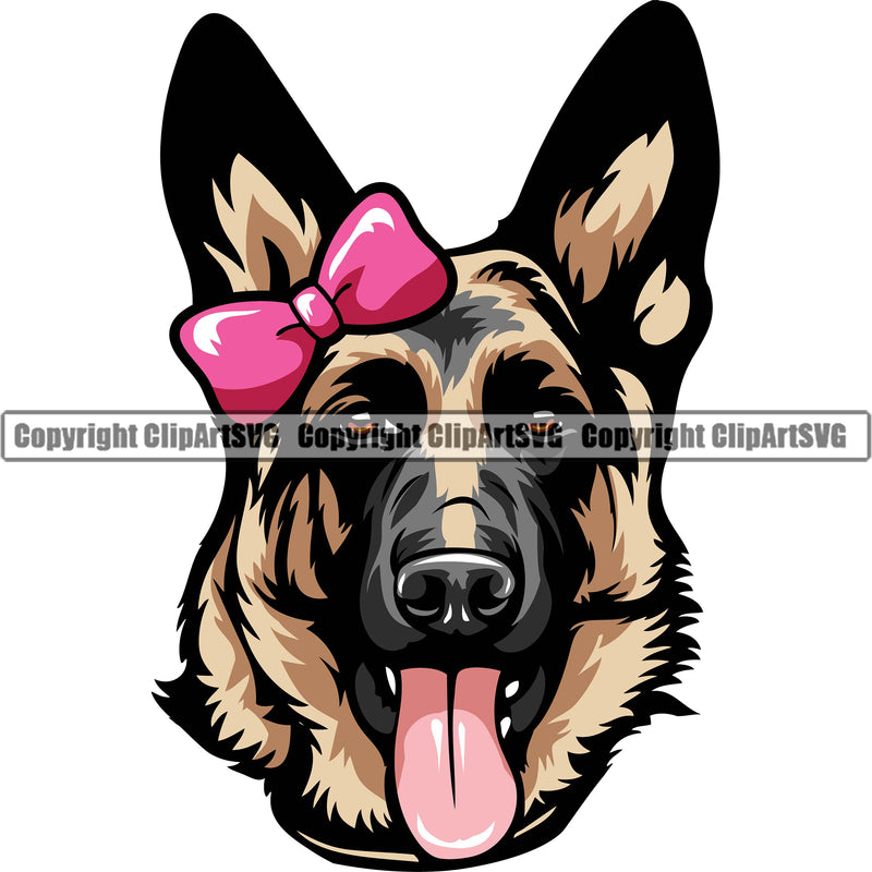 German Shepherd Dog Breed Pup Puppy Purebred Pedigree Canine Wearing Bow Ear Color Design Element Cop Police K9 K-9 Design Logo Clipart SVG