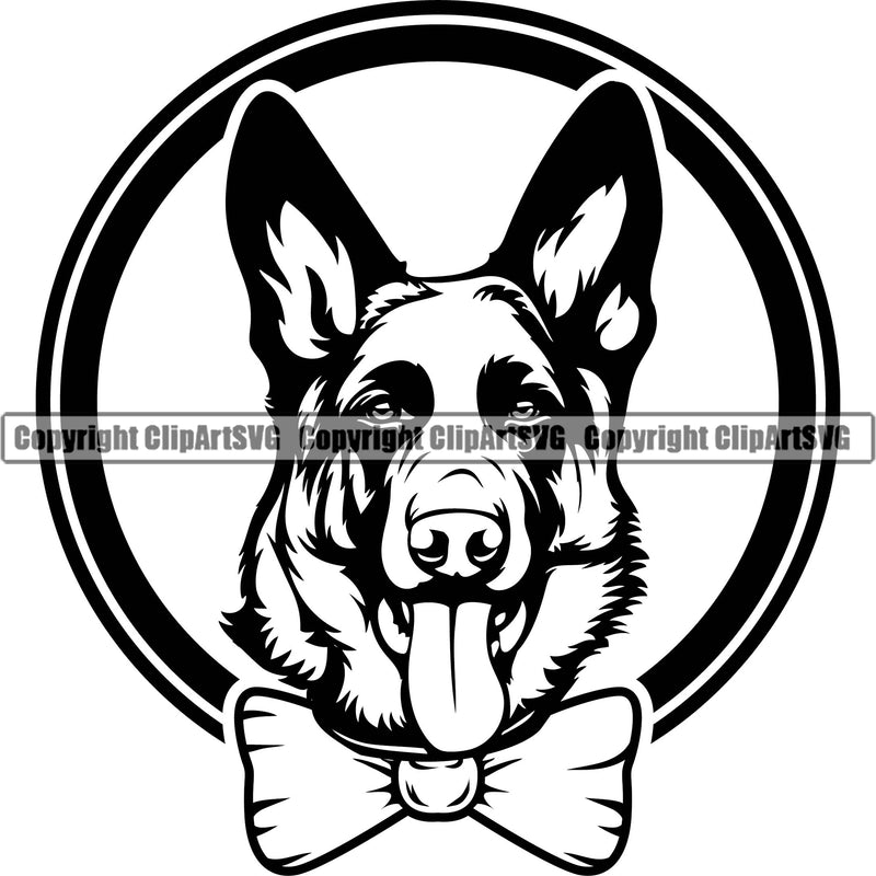 German Shepherd Dog Breed Pup Puppy Purebred Pedigree Bow Tie Circle White Background Design Element Canine Cop Police K9 K-9 Design Logo Clipart SVG