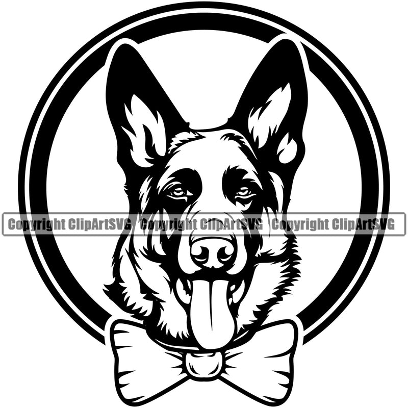 German Shepherd Dog Bow Tie Circle Design Vector Puppy Head Purebred Pup Pedigree Portrait Doggy Face Cute Clipart SVG