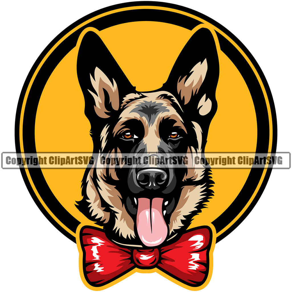 German Shepherd Dog Color Bow Tie Circle Design Puppy Purebred Pup Pedigree Head Portrait Doggy Face Cute Clipart SVG