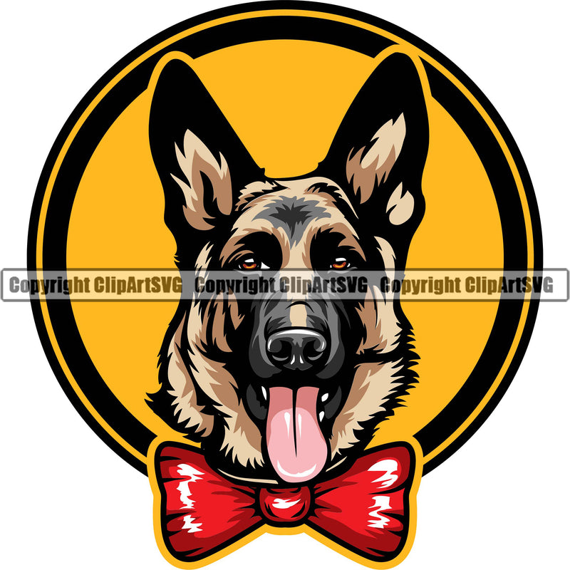 German Shepherd Dog Breed Pup Puppy Purebred Pedigree Bow Tie Color Circle White Background Design Element Canine Cop Police K9 K-9 Design Logo Clipart SVG