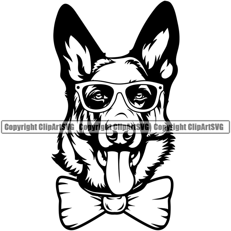 German Shepherd Dog Wearing Sunglasses Bow Tie Glasses Design Puppy Head Pedigree Purebred K9 Animal Portrait Doggy Cute Clipart SVG