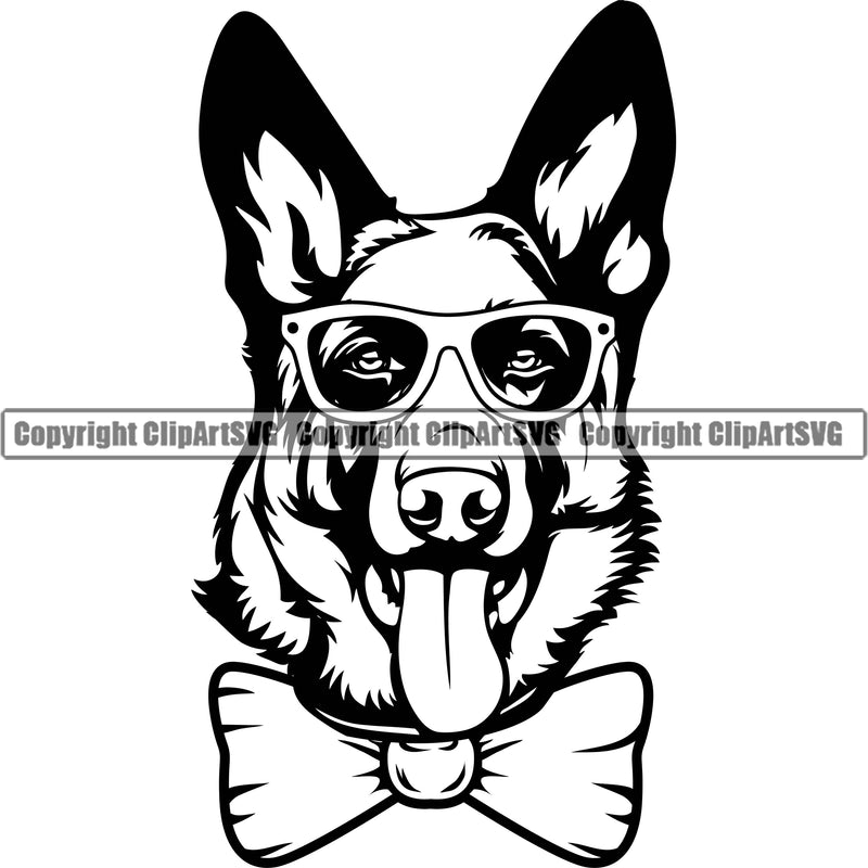 German Shepherd Dog Breed Pup Puppy Purebred Pedigree Wearing Bow Tie And Sunglasses Canine Cop Police K9 K-9 Design Logo Clipart SVG
