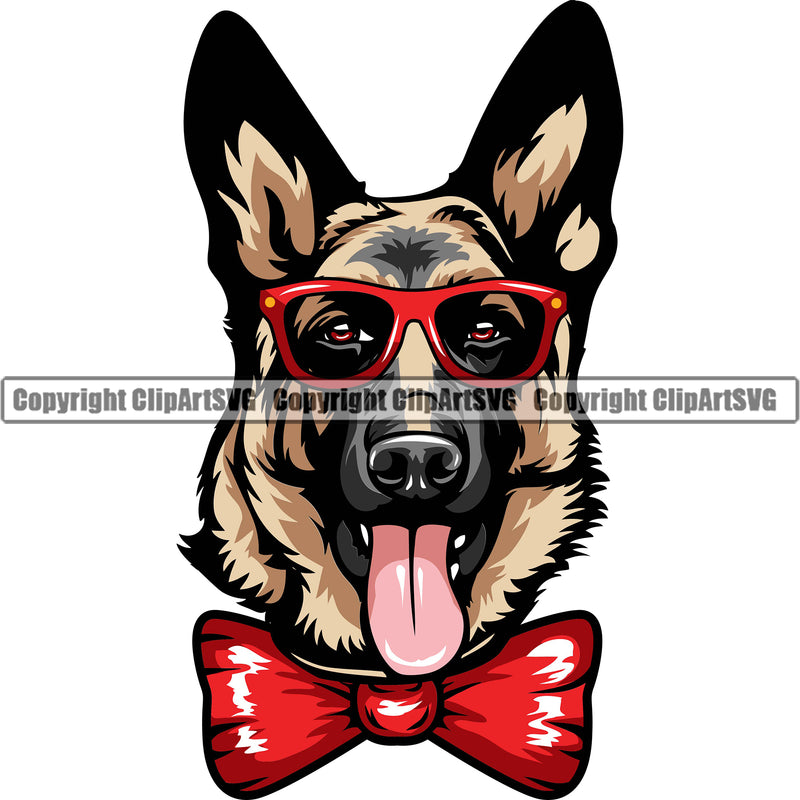 German Shepherd Dog Breed Pup Puppy Purebred Pedigree Wearing Bow Tie And Color Sunglasses Canine Cop Police K9 K-9 Design Logo Clipart SVG