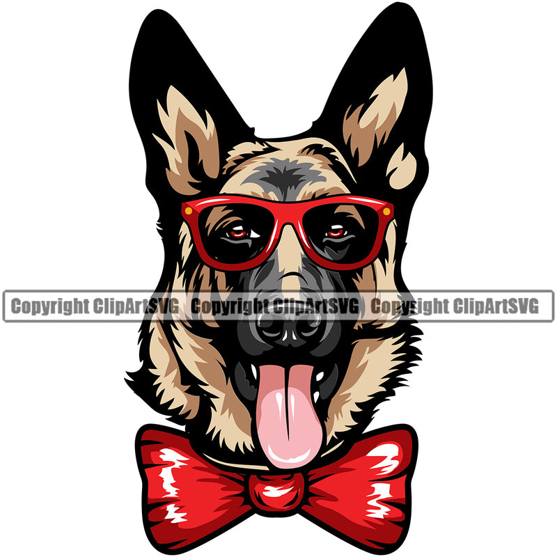 German Shepherd Dog Wearing Sunglasses Bow Tie Glasses Color Design Portrait Doggy Face Cute Purebred Pup Pedigree Clipart SVG