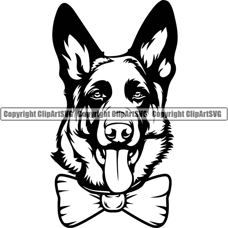 German Shepherd Dog Breed Pup Puppy Purebred Pedigree Wearing Bow Tie Neck White Background Canine Cop Police K9 K-9 Design Logo Clipart SVG