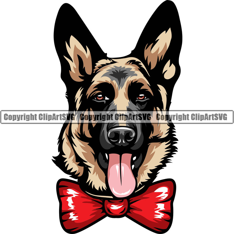 German Shepherd Dog Breed Pup Puppy Purebred Pedigree Wearing Bow Tie Neck Color White Background Design Element Canine Cop Police K9 K-9 Design Logo Clipart SVG