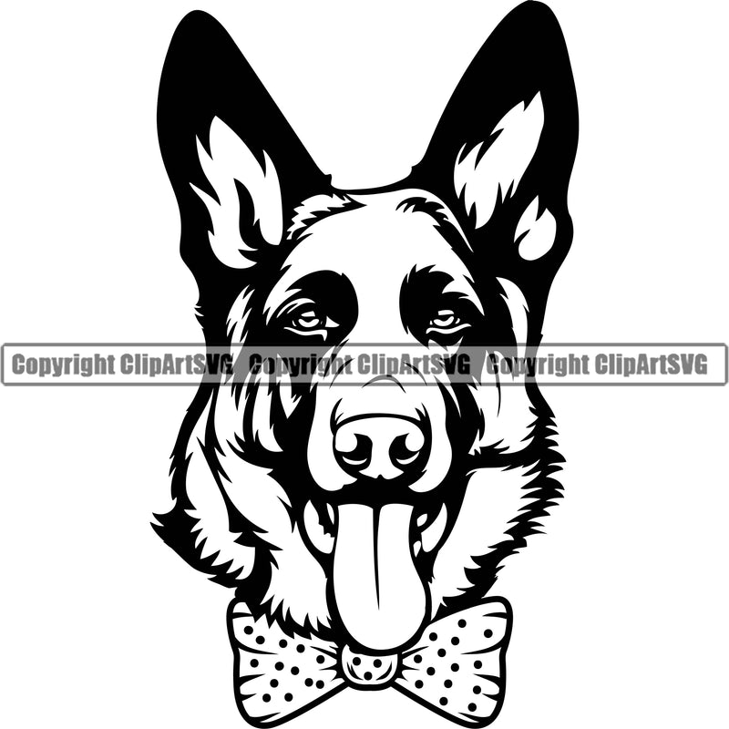 German Shepherd Dog Breed Pup Puppy Purebred Wearing Bow Tie Polka Dot Design Element White Background Pedigree Canine Cop Police K9 K-9 Design Logo Clipart SVG