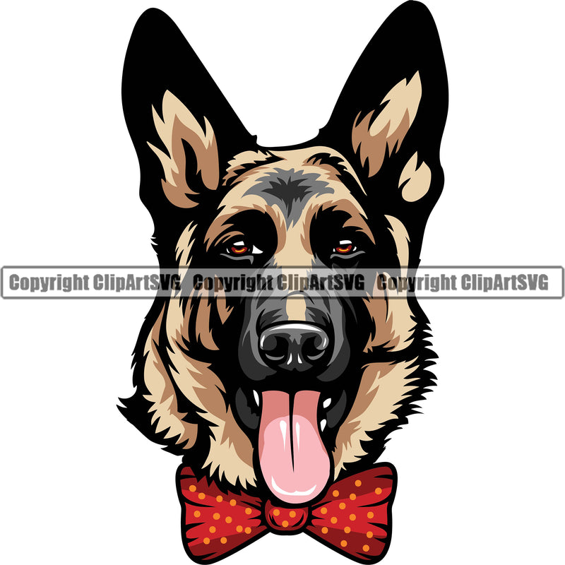German Shepherd Dog Breed Pup Puppy Purebred Wearing Bow Tie Polka Dot Color Design Element White Background Pedigree Canine Cop Police K9 K-9 Design Logo Clipart SVG