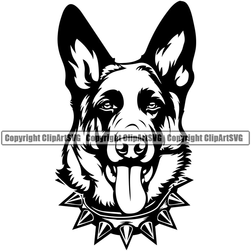 German Shepherd Dog Spiked Spikes Collar Design Cute Face Puppy Animal Head Purebred Pup Pedigree K9 Clipart SVG