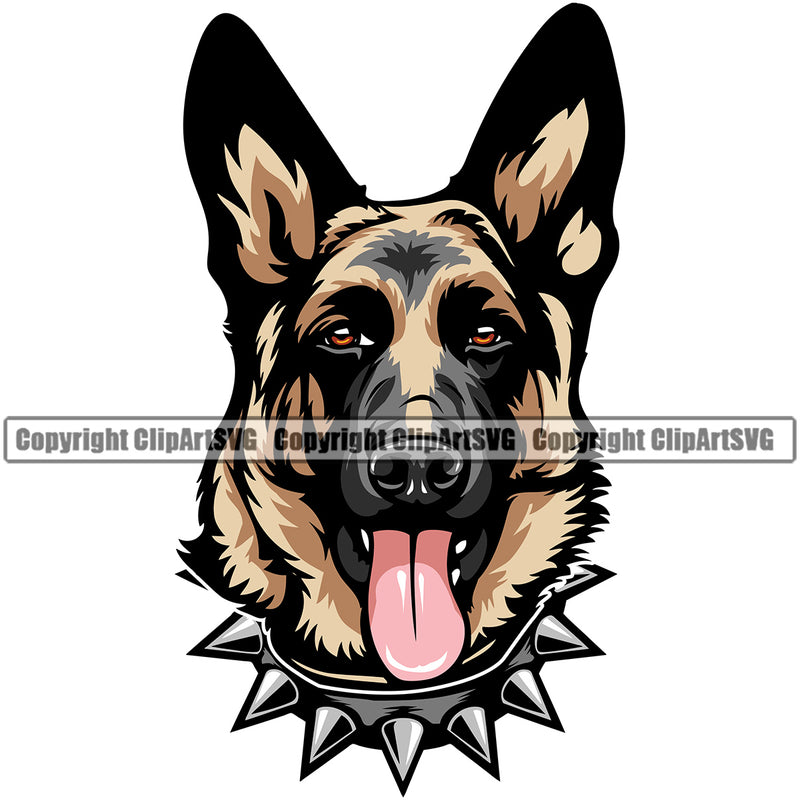 German Shepherd Dog Spiked Spikes Collar Color Design Cute Face Animal Head Portrait Doggy K9 Puppy Head Purebred Pup Clipart SVG