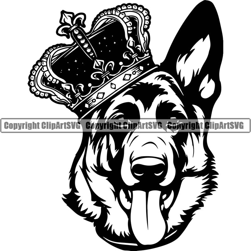 German Shepherd King Dog Breed Pup Puppy Purebred German Shepherd Wearing Crown Design Element White Background Pedigree Canine Cop Police K9 K-9 Design Logo Clipart SVG