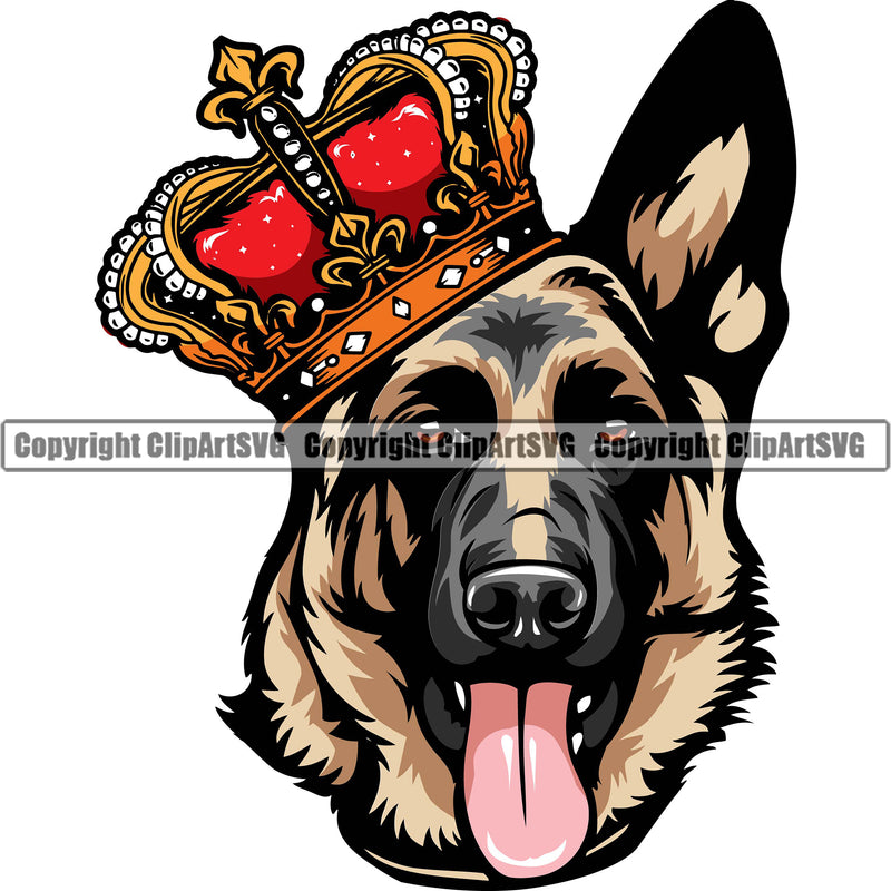 German Shepherd King Dog Breed Pup Puppy Purebred German Shepherd Wearing Crown Color Design Element White Background Pedigree Canine Cop Police K9 K-9 Design Logo Clipart SVG