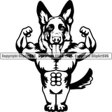 German Shepherd Dog Breed Pup Puppy Purebred Flex Flexing Muscle Bodybuilder Bodybuilding Body White Background Pedigree Canine Cop Police K9 K-9 Design Logo Clipart SVG