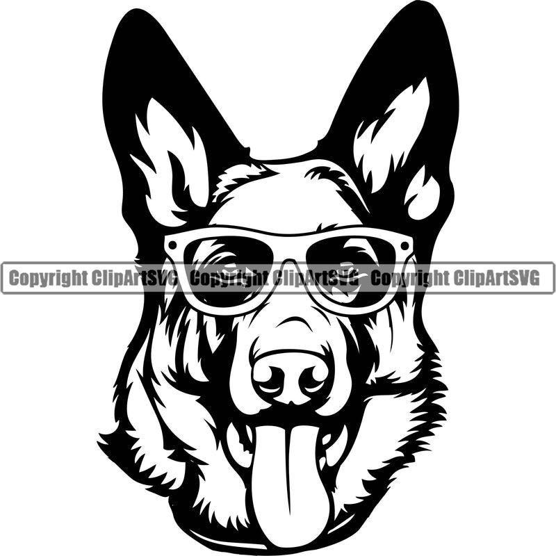German Shepherd Dog Wearing Sunglasses Design Element Breed Pup Puppy Purebred White Background Pedigree Canine Cop Police K9 K-9 Design Logo Clipart SVG