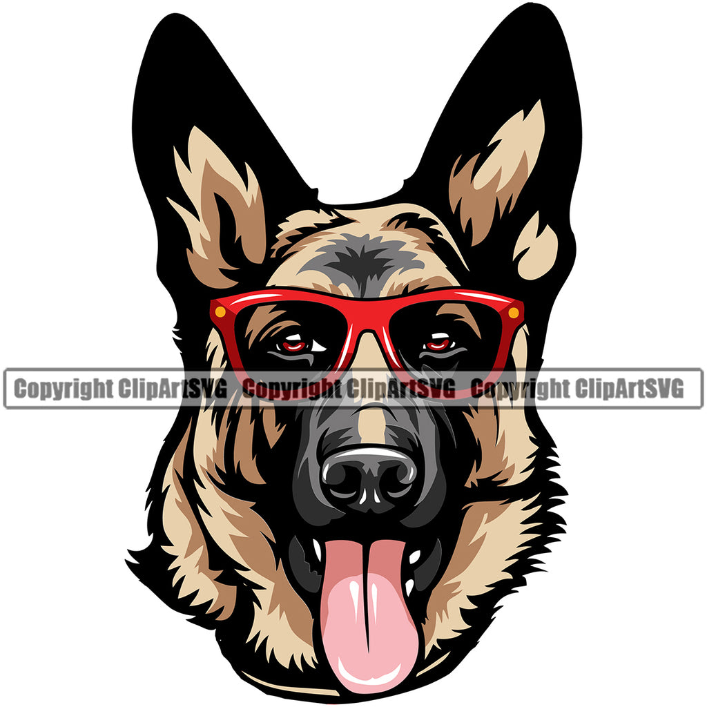 German Shepherd Dog Wearing Sunglasses Animal Portrait Doggy Color Body Cute Mascot Purebred Pedigree Puppy Clipart SVG