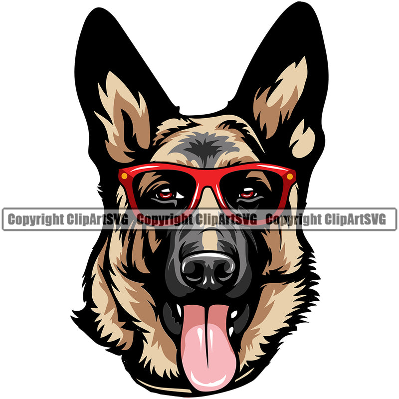German Shepherd Dog Wearing Sunglasses Animal Portrait Doggy Color Body Cute Mascot Purebred Pedigree Puppy Clipart SVG