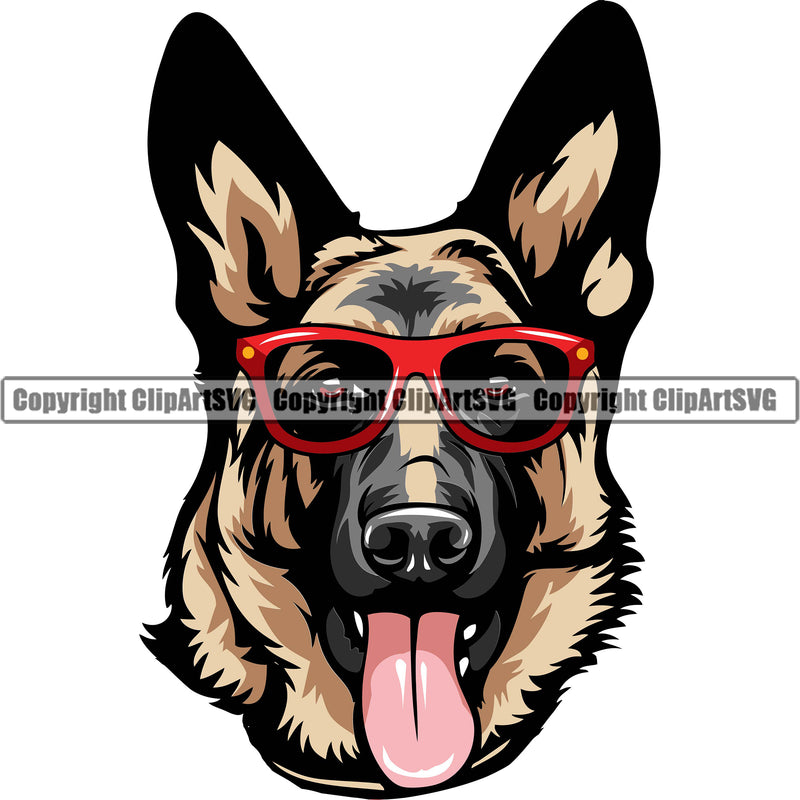 German Shepherd Dog Wearing Sunglasses Color Design Element Breed Pup Puppy Purebred White Background Pedigree Canine Cop Police K9 K-9 Design Logo Clipart SVG