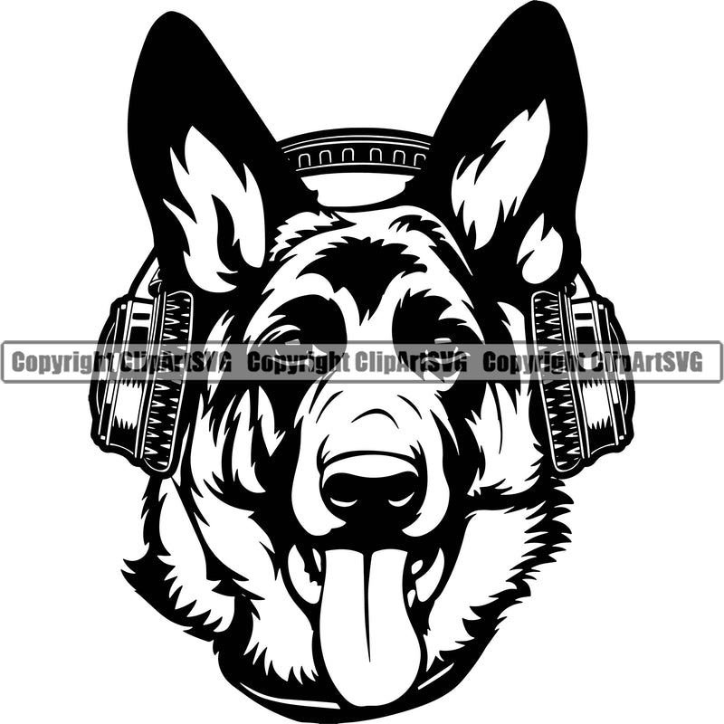 German Shepherd Dog Breed Pup Puppy Purebred Headphones Design Element White Background Pedigree Canine Cop Police K9 K-9 Design Logo Clipart SVG