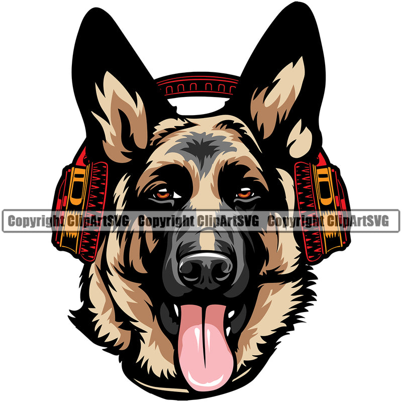 German Shepherd Dog Headphones Color Design Cute Face Animal Puppy Head Purebred Pedigree Vector Animal Portrait Doggy Clipart SVG