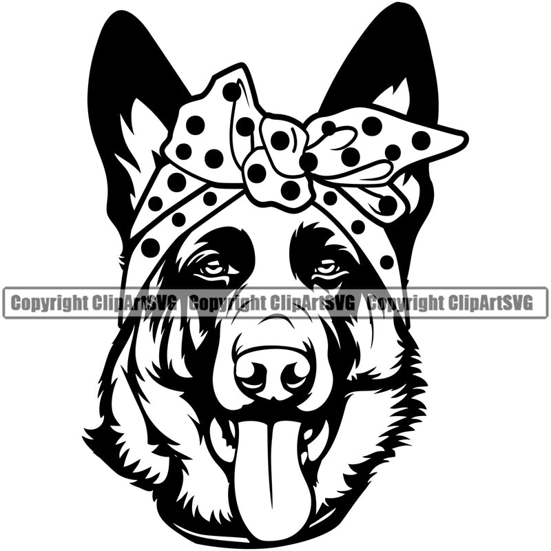 German Shepherd Dog Headwrap Bandanna Polka Dots Design K9 Animal Portrait Doggy Face Cute Head Purebred Pup Pedigree Clipart SVG