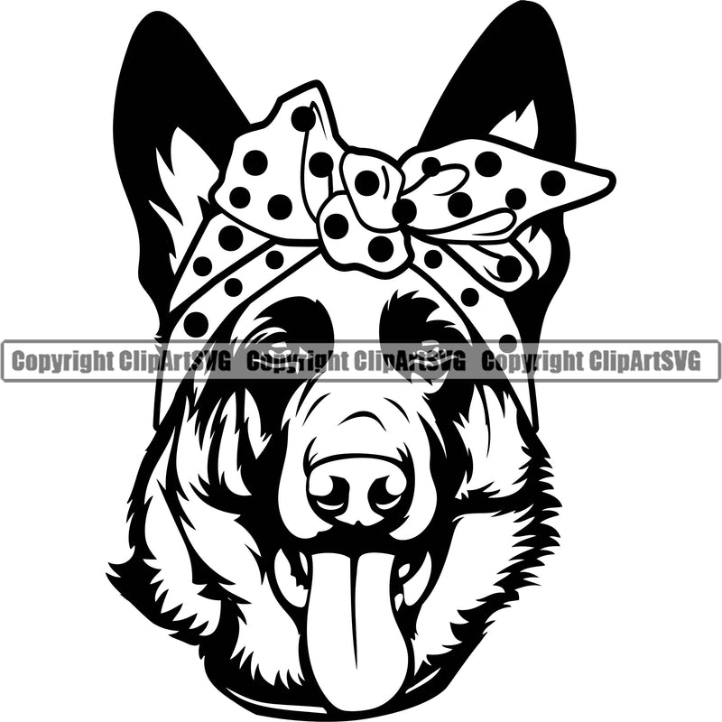German Shepherd Dog Breed Pup Puppy Purebred Headwrap Polka Dot Bandanna Design Element White Background Pedigree Canine Cop Police K9 K-9 Design Logo Clipart SVG