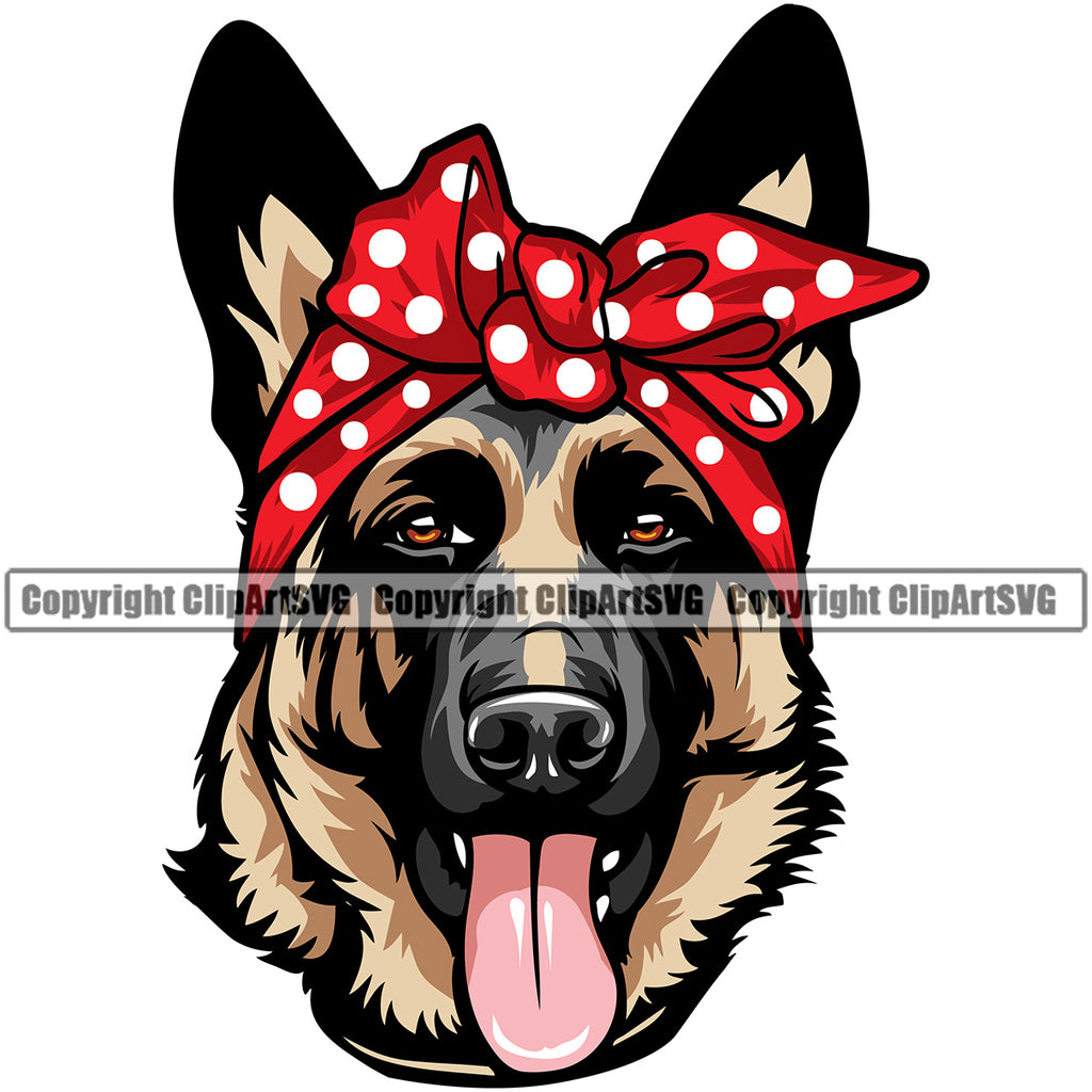 German Shepherd Dog Headwrap Bandanna Polka Dots Color Design K9 Animal Portrait Doggy Face Cute Head Purebred Pedigree Clipart SVG