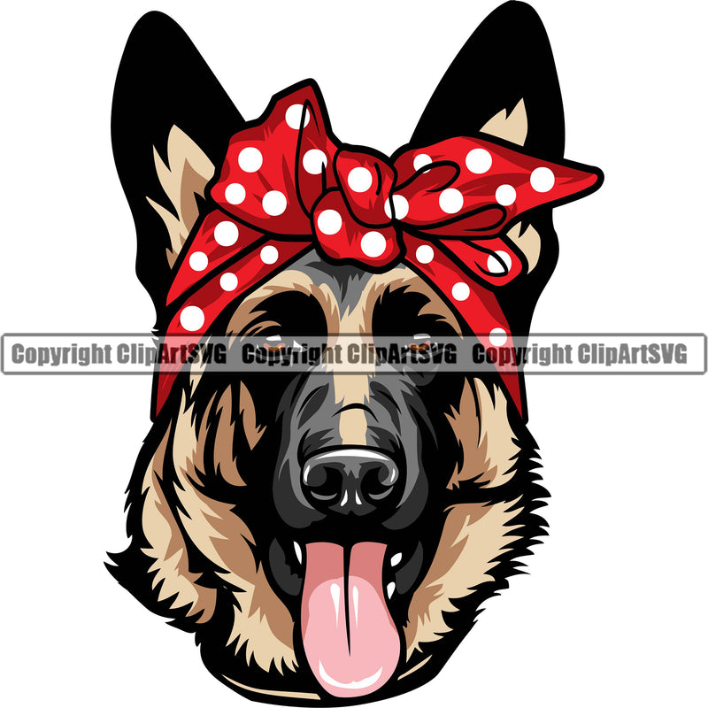 German Shepherd Dog Breed Pup Puppy Purebred Headwrap Polka Dot Bandanna Dots Color Design Element White Background Pedigree Canine Cop Police K9 K-9 Design Logo Clipart SVG