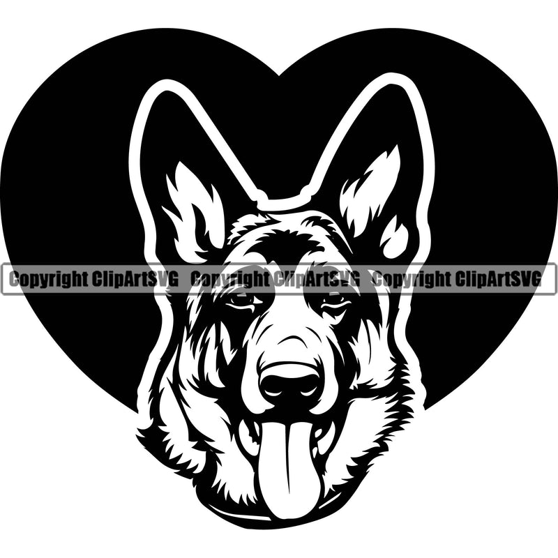 German Shepherd Dog Under Heart Design Element Breed Pup Puppy Purebred White Background Pedigree Canine Cop Police K9 K-9 Design Logo Clipart SVG