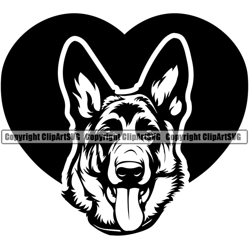 German Shepherd Dog Heart Love Design Face Animal Portrait Doggy Cute Vector Puppy Purebred Clipart SVG