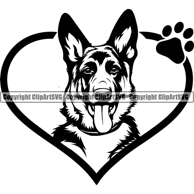 German Shepherd Dog Breed Heart Paw Black Color Design Element Pup Puppy Purebred White Background Pedigree Canine Cop Police K9 K-9 Design Logo Clipart SVG