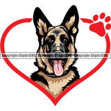 German Shepherd Dog Breed Heart Paw Color Design Element Pup Puppy Purebred White Background Pedigree Canine Cop Police K9 K-9 Design Logo Clipart SVG