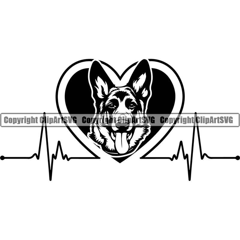 German Shepherd Dog Heartbeat Heart Beat EKG Electrocardiogram Design Element Breed Pup Puppy Purebred White Background Pedigree Canine Cop Police K9 K-9 Design Logo Clipart SVG