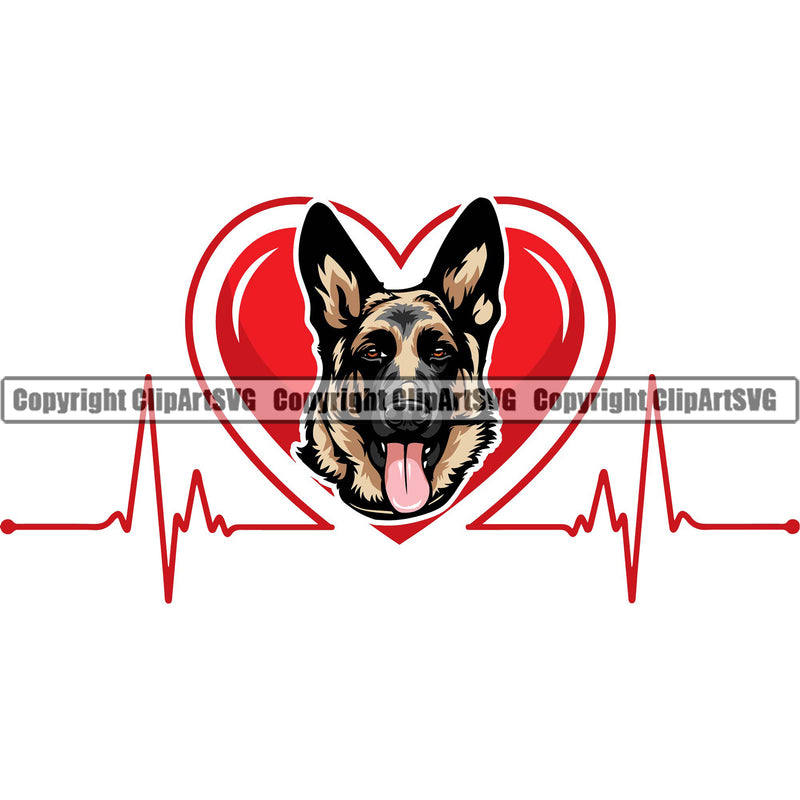 German Shepherd Dog Heartbeat Heart Beat EKG Electrocardiogram Red Color Design Element Breed Pup Puppy Purebred White Background Pedigree Canine Cop Police K9 K-9 Design Logo Clipart SVG