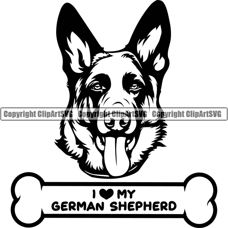 German Shepherd Dog I Love My Dog Quote Text Bone Breed Pup Puppy Purebred White Background Pedigree Canine Cop Police K9 K-9 Design Logo Clipart SVG