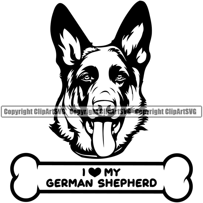 German Shepherd Dog I Love My Bone Text Design Vector Puppy Head Purebred Pup Pedigree Face Doggy Clipart SVG