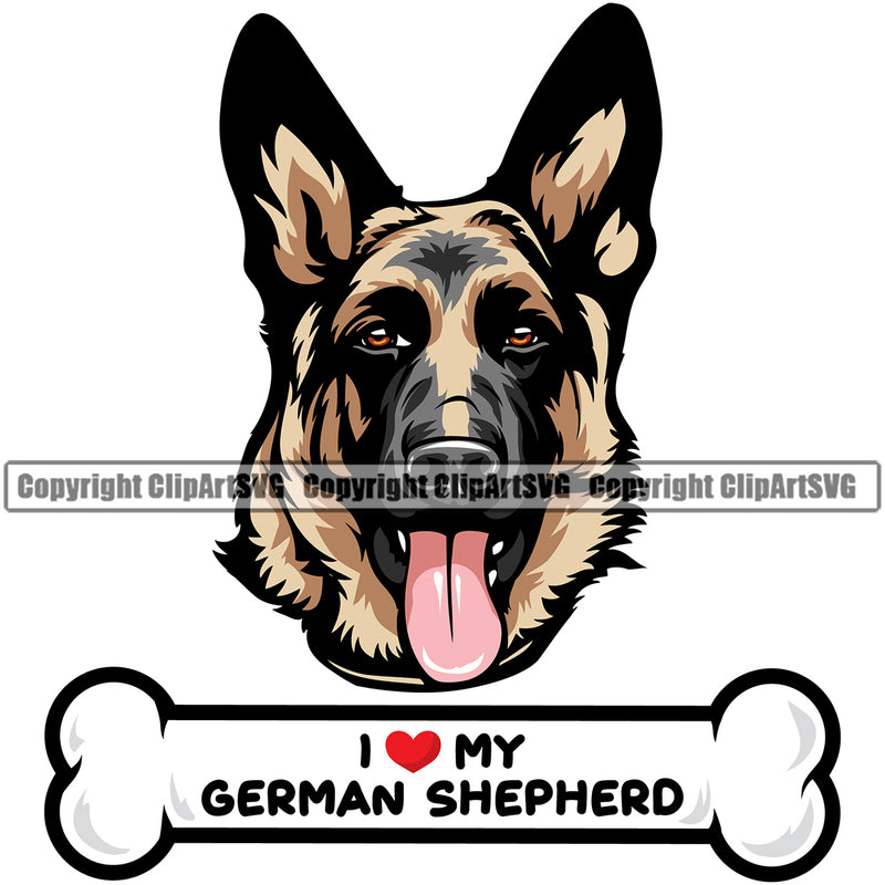 German Shepherd Dog I Love My Bone Color Text Design Pedigree Vector Puppy Purebred Face Head Doggy Clipart SVG