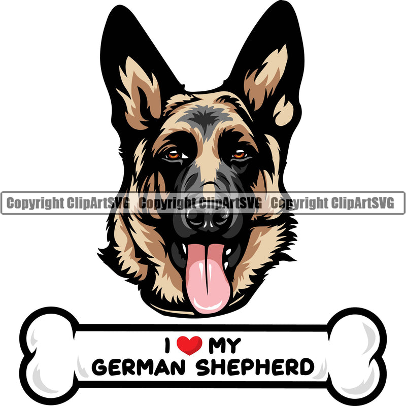 German Shepherd Dog I Love My Dog Color Quote Text Bone Breed Pup Puppy Purebred White Background Pedigree Canine Cop Police K9 K-9 Design Logo Clipart SVG