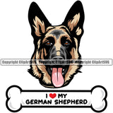 German Shepherd Dog I Love My Bone Color Text Design Pedigree Vector Puppy Purebred Face Head Doggy Clipart SVG